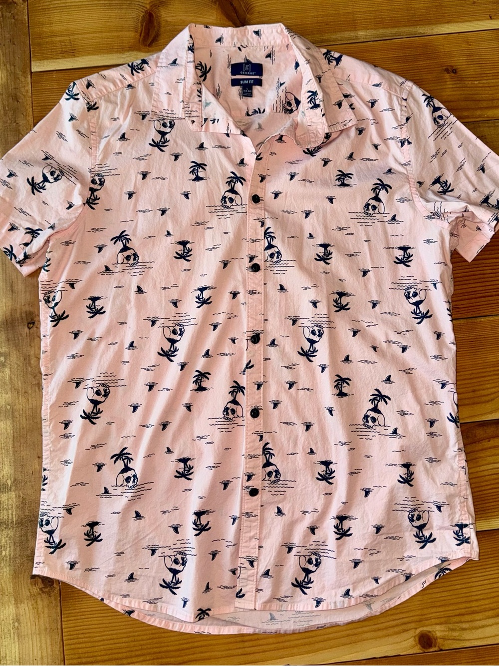 George Pink Short-Sleeve Button-Down Shirt with Skulls Palm Tree Island Print